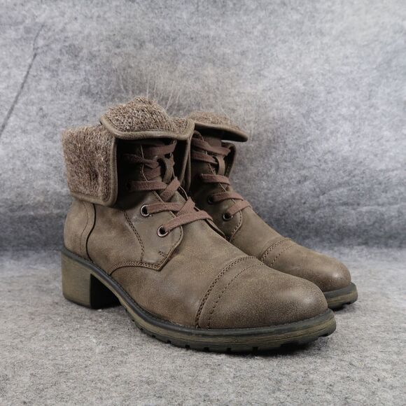 Roxy Shoes Womens 9.5 Bootie Lace Up Block Heel Fold Over Cap Toe Casual Taupe - Picture 1 of 16